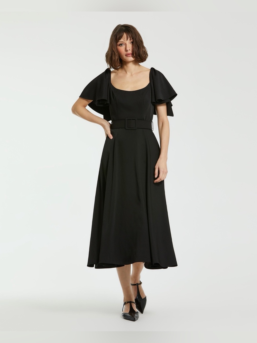 Mac Duggal Black Midi Dress with Belted Waist and Flutter Sleeves 20977